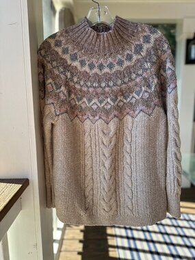 Chico's Fair Isle Sweater Cotton Wool Blend Mock Neck Grey Cream Size 2 (Large)